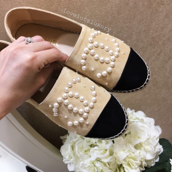 CHANEL Shoes - RARE Chanel Tan Suede Pearl CC Espadrille Flats
